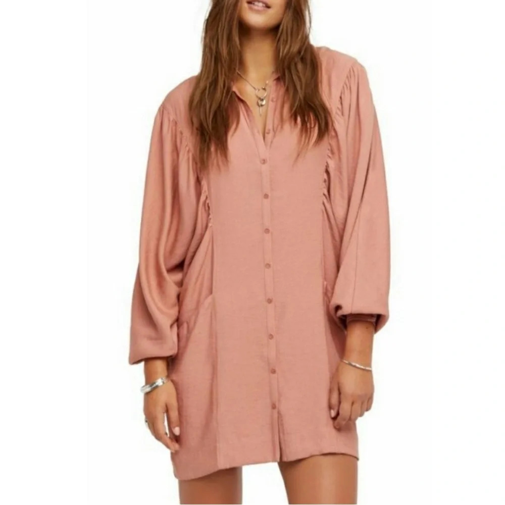 Free People Pink Button Down Pleated Mini Dress Size XS